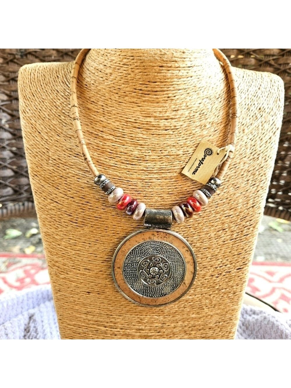 Corkforme "Roma" Cork and Metal Disk Pendant Necklace